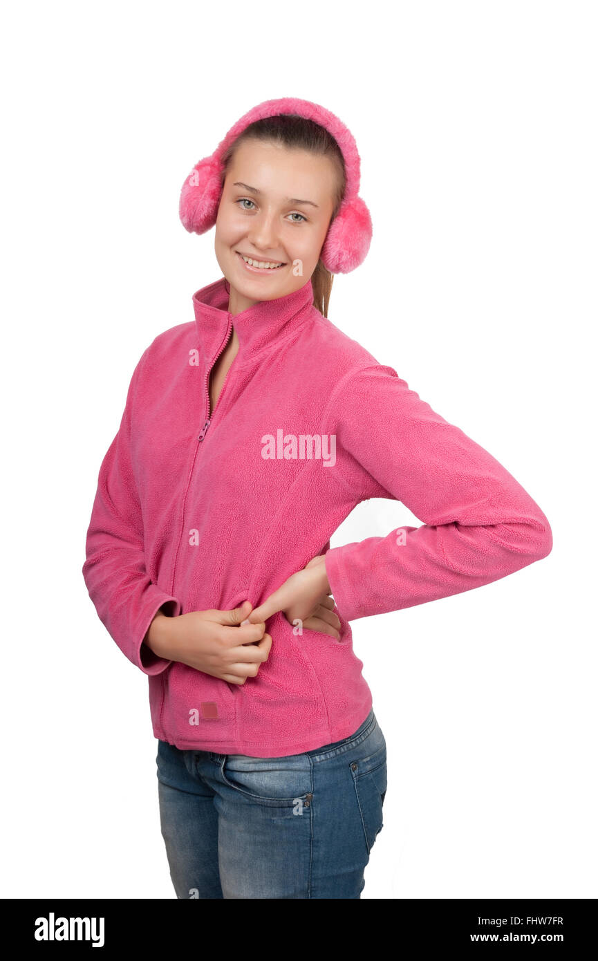 glückliches Mädchen Teen in pink Kopfhörer Stockfoto