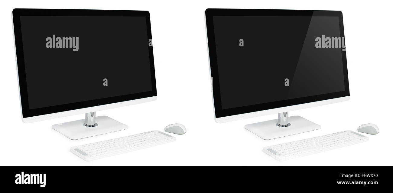 Weiße moderne Business Desktop-Computer mit großen Breitbild-Display, Tastatur und Maus. Alles in einem computer Stockfoto