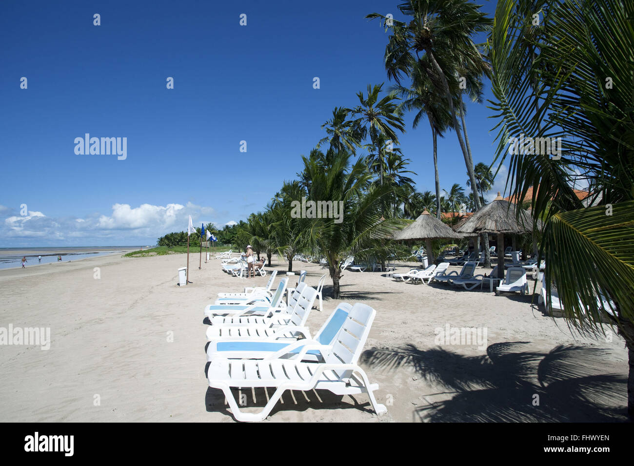 Palapas und Stühle für ein Hotel in der Küstenstadt Maragogi Strand Stockfoto