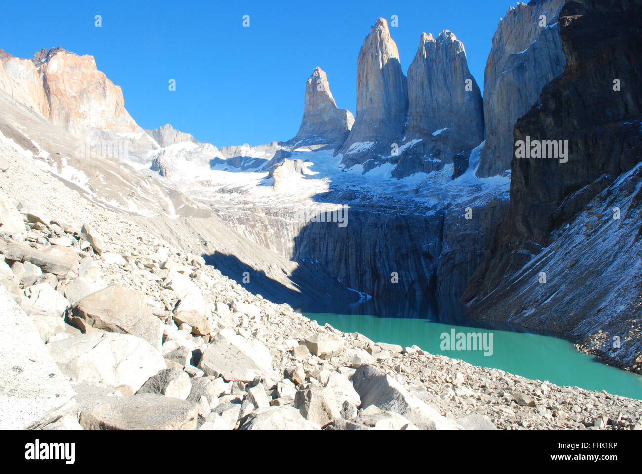 Wandern bis zu den Drei Türmen, Torres del Paine Nationalpark, Patagonien, Chile Stockfoto