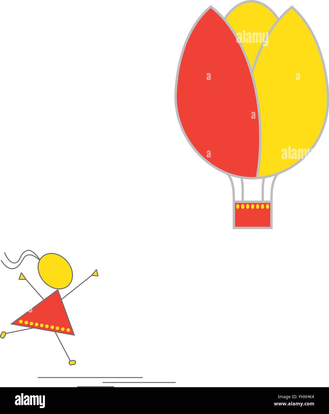 Vector - kleines Mädchen mit erhobenen Händen laufen, nachdem die tulpenförmige Hot Air Balloon.  Ostern, Frühling, Sommer Stock Vektor