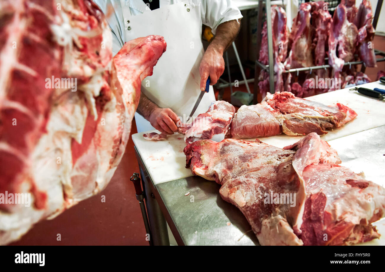 Nicht identifizierbare Metzger in weißer Schürze schneiden Fleischstücke mit Messer Stockfoto