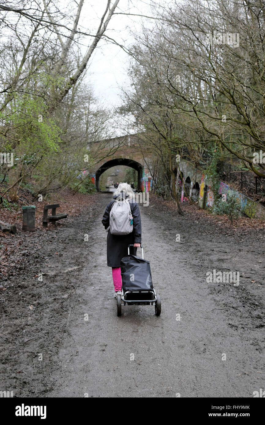 Rückansicht der älteren Frau zu Fuß auf Parklandschaft zu Fuß Weg mit vierrädrigen Wagen Wagen in Crouch End, London UK KATHY DEWITT Stockfoto