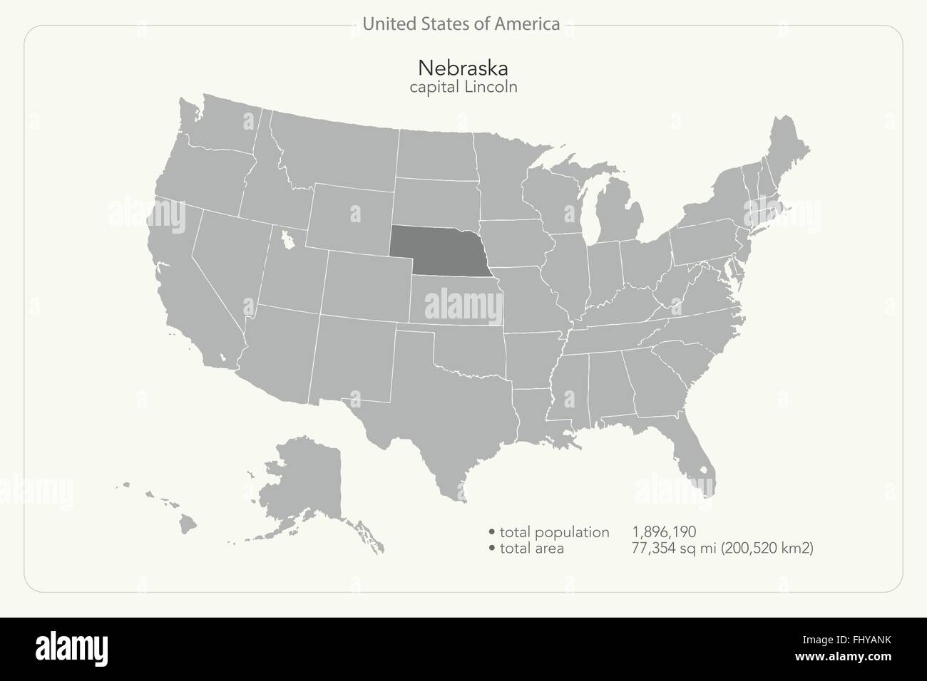 Vereinigte Staaten von Amerika isoliert Karte und Nebraska Staatsgebiet. politische Karte der USA Vektor. geografischen Banner Vorlage Stock Vektor
