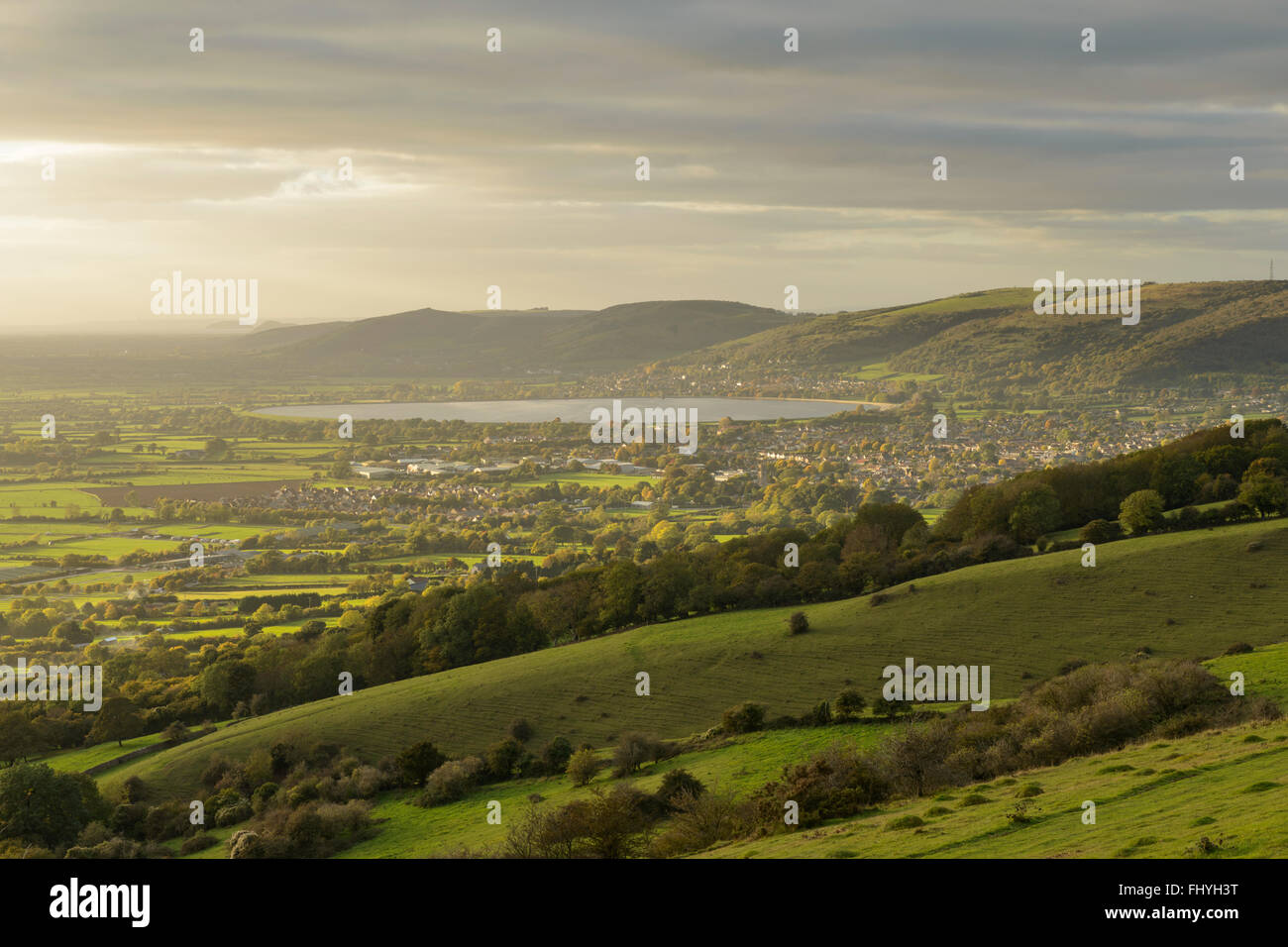 Blick auf die Stadt Cheddar, Somerset, auf ein Herbstnachmittag. Stockfoto