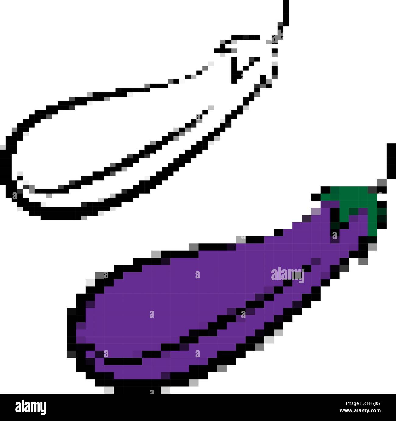 Lecker Gemüse. Pixelig lila, schwarze und weiße Aubergine Silhouette. Digitale Vektor-Illustration isoliert auf weiss. Stock Vektor