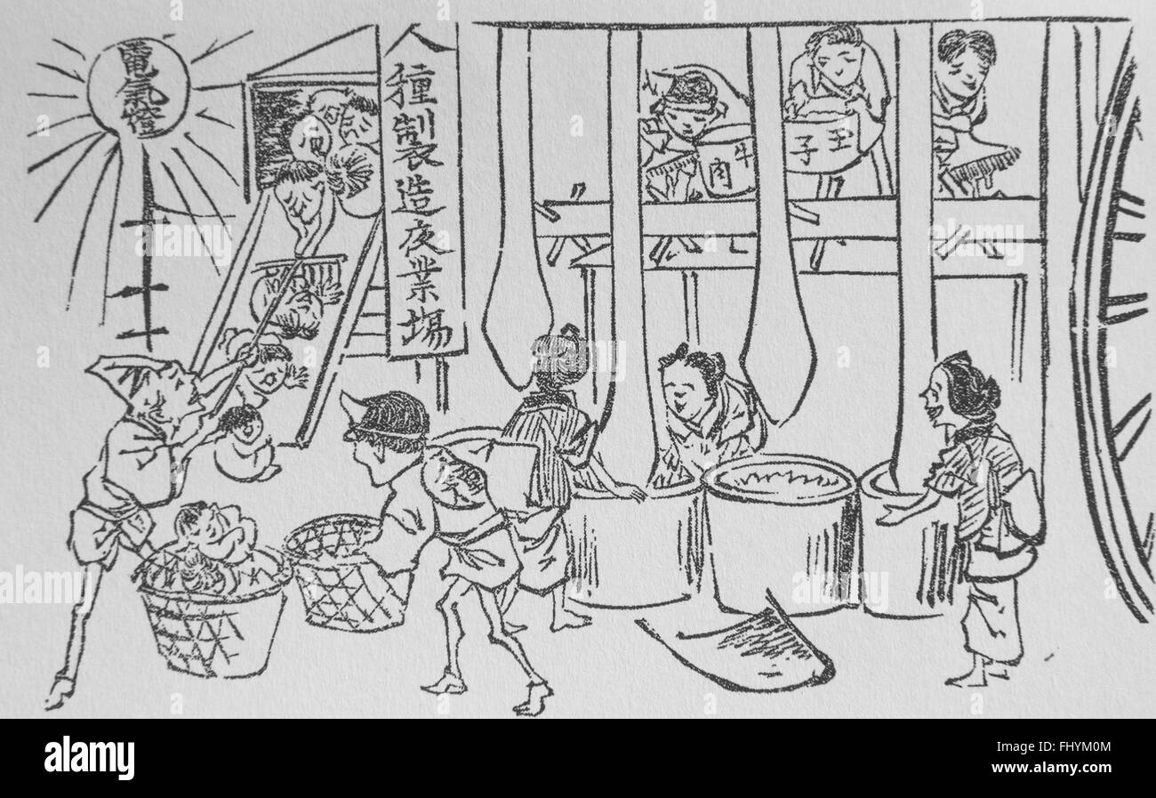 Karikatur von Änderungen durch japanische kulturelle Aufklärung in der Meiji-Zeit aufgetreten. Stockfoto