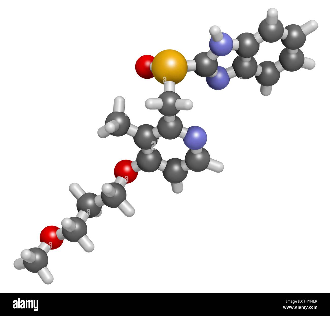 Rabeprazole Magengeschwür Medikament Molekül (Protonenpumpenhemmer) Atome als Kugeln dargestellt werden und sind farblich markiert: Wasserstoff Stockfoto