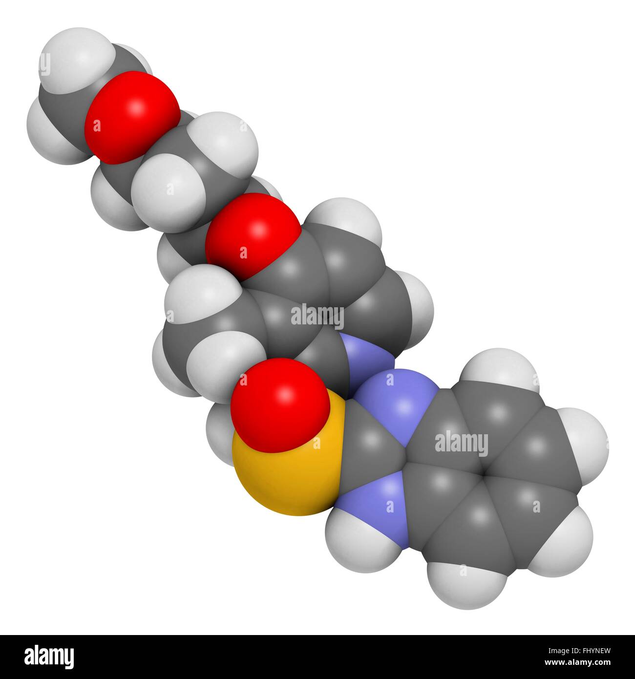 Rabeprazole Magengeschwür Medikament Molekül (Protonenpumpenhemmer) Atome als Kugeln dargestellt werden und sind farblich markiert: Wasserstoff Stockfoto