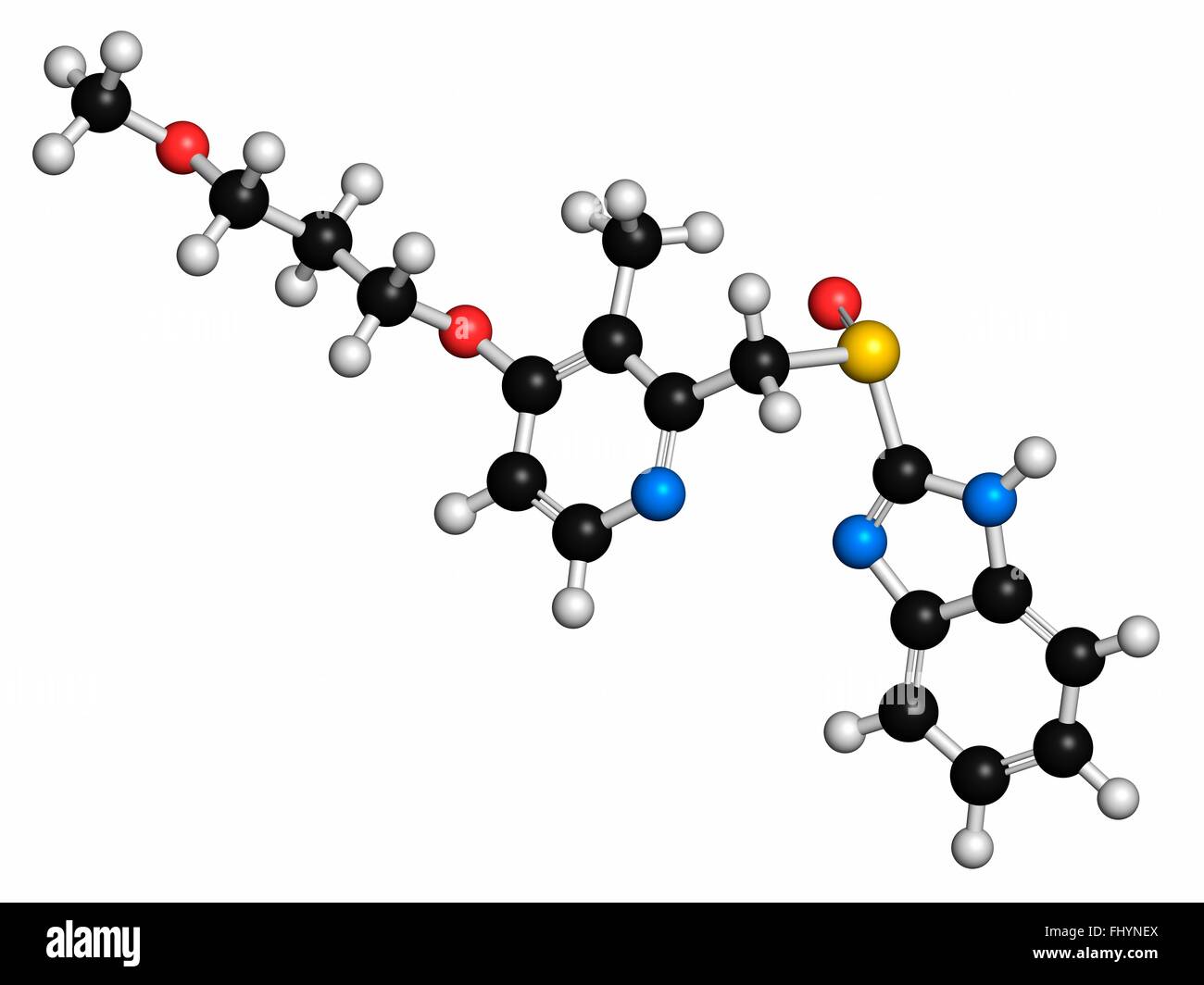 Rabeprazole Magengeschwür Medikament Molekül (Protonenpumpenhemmer) Atome als Kugeln dargestellt werden und sind farblich markiert: Wasserstoff Stockfoto