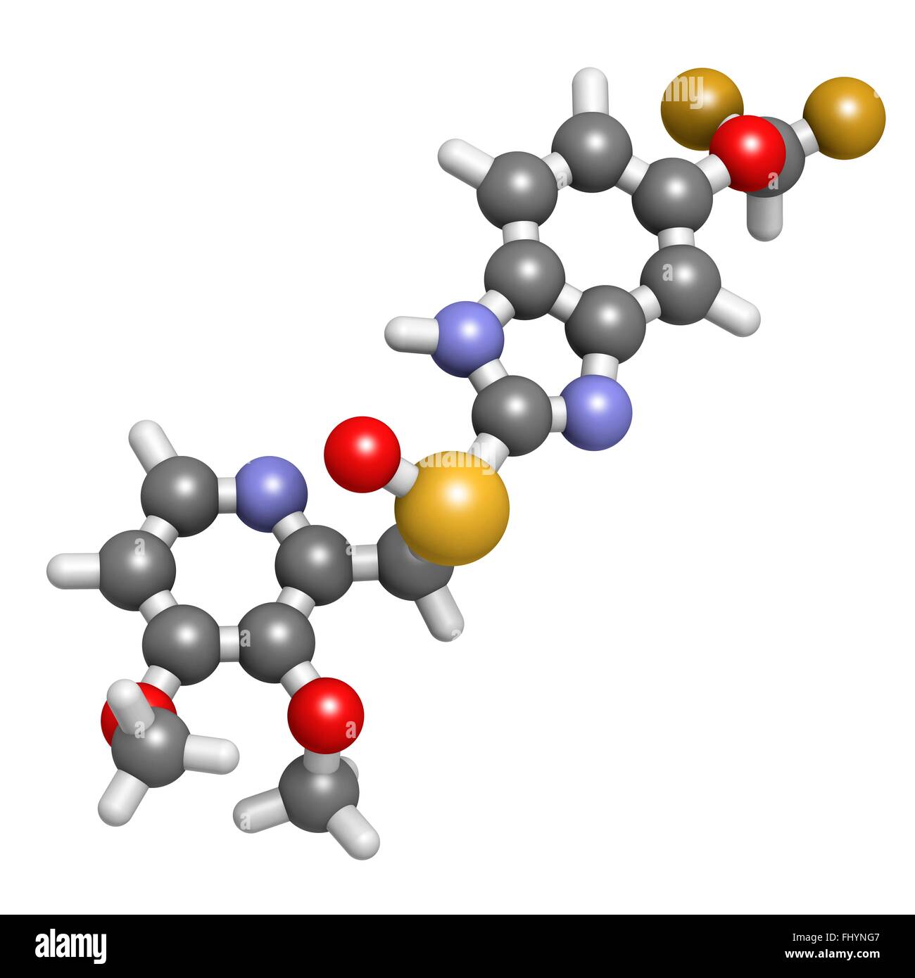 Pantoprazol Magengeschwür Medikament Molekül (Protonenpumpenhemmer) Atome als Kugeln dargestellt werden und sind farblich markiert: Stockfoto