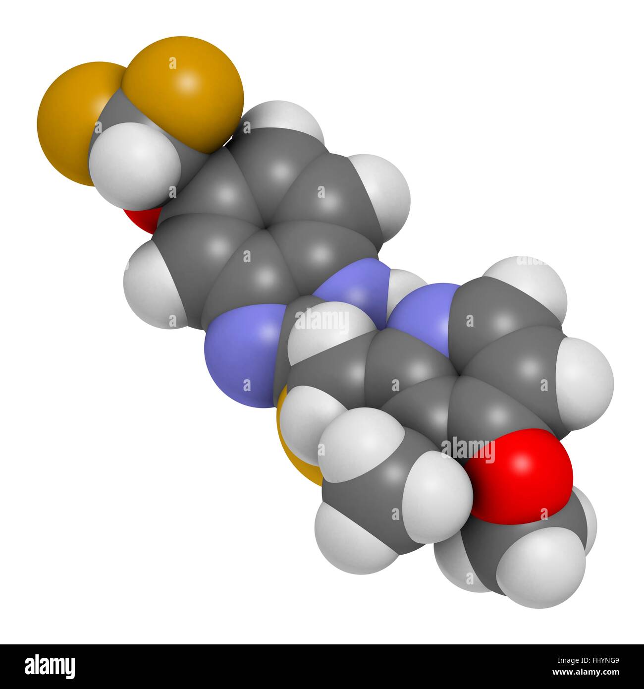 Pantoprazol Magengeschwür Medikament Molekül (Protonenpumpenhemmer) Atome als Kugeln dargestellt werden und sind farblich markiert: Stockfoto