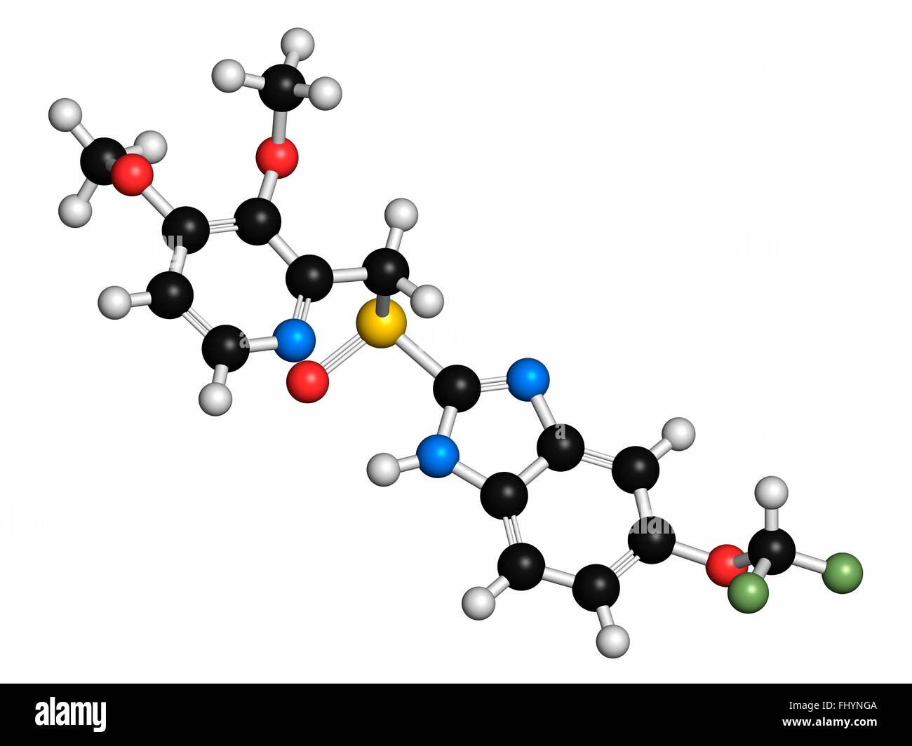 Pantoprazol Magengeschwür Medikament Molekül (Protonenpumpenhemmer) Atome als Kugeln dargestellt werden und sind farblich markiert: Stockfoto