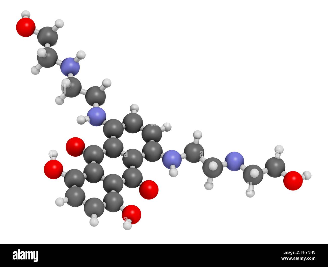 Mitoxantron-Krebs-Medikament Molekül (Typ II Topoisomerase-Hemmer) Atome als Kugeln dargestellt werden und sind farblich markiert: Stockfoto