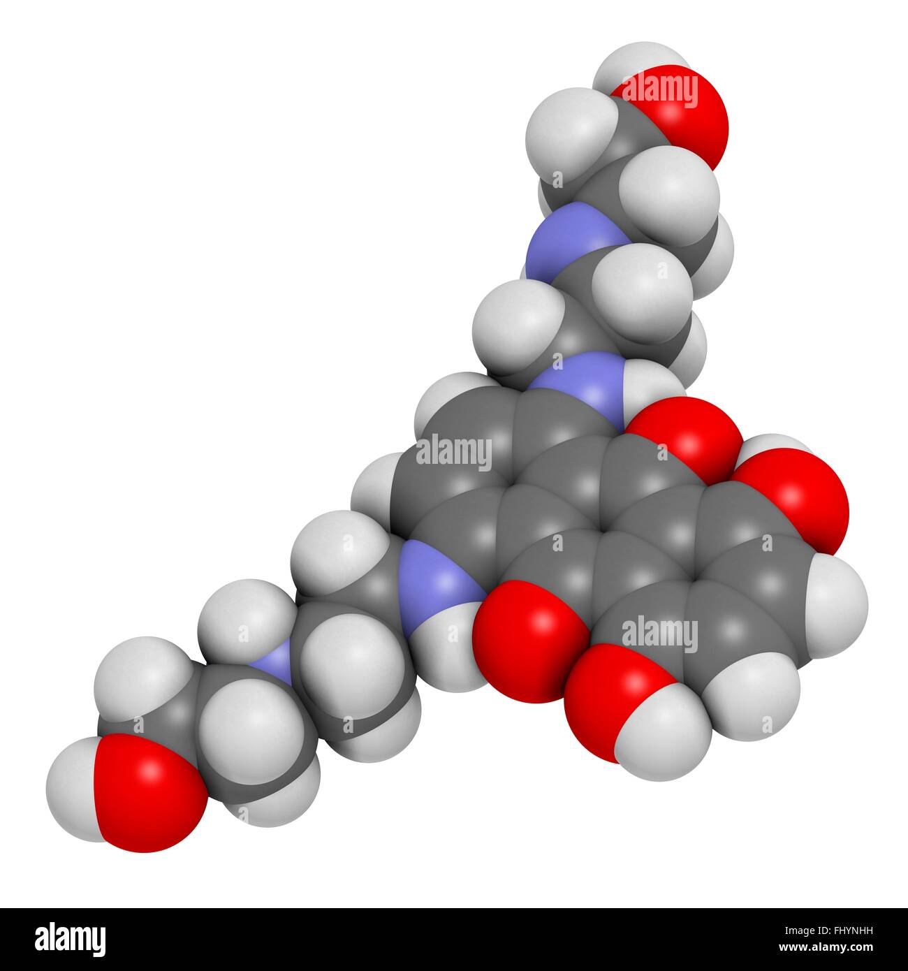 Mitoxantron-Krebs-Medikament Molekül (Typ II Topoisomerase-Hemmer) Atome als Kugeln dargestellt werden und sind farblich markiert: Stockfoto
