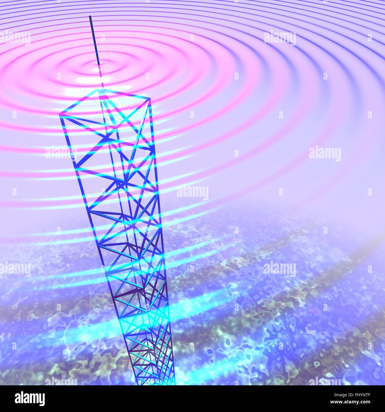 Radiowellen und Fernmeldeturm, Abbildung. Stockfoto