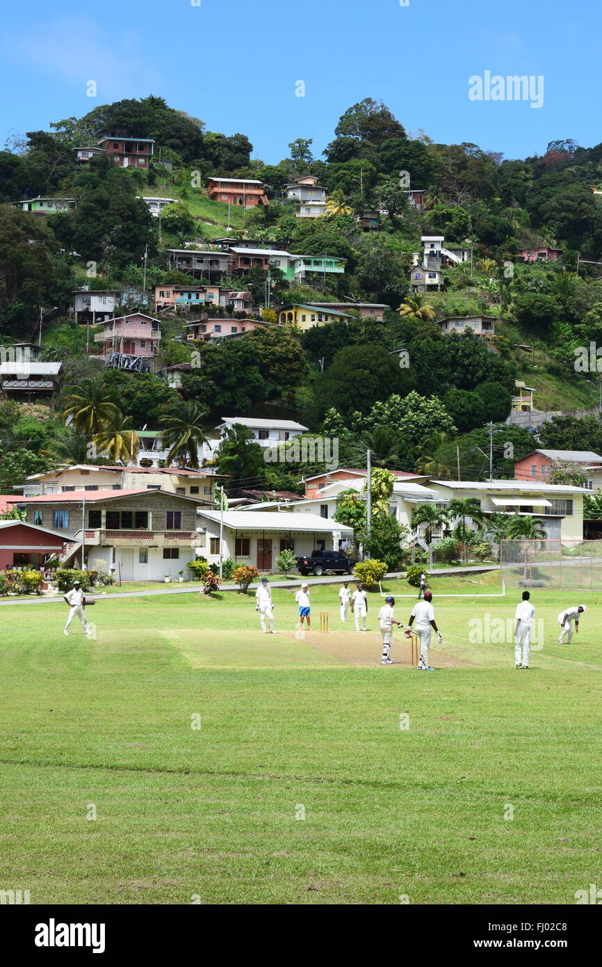 Ein Spiel der Cricket an einer der schönsten in der Welt, Charlotteville, Tobago. Stockfoto