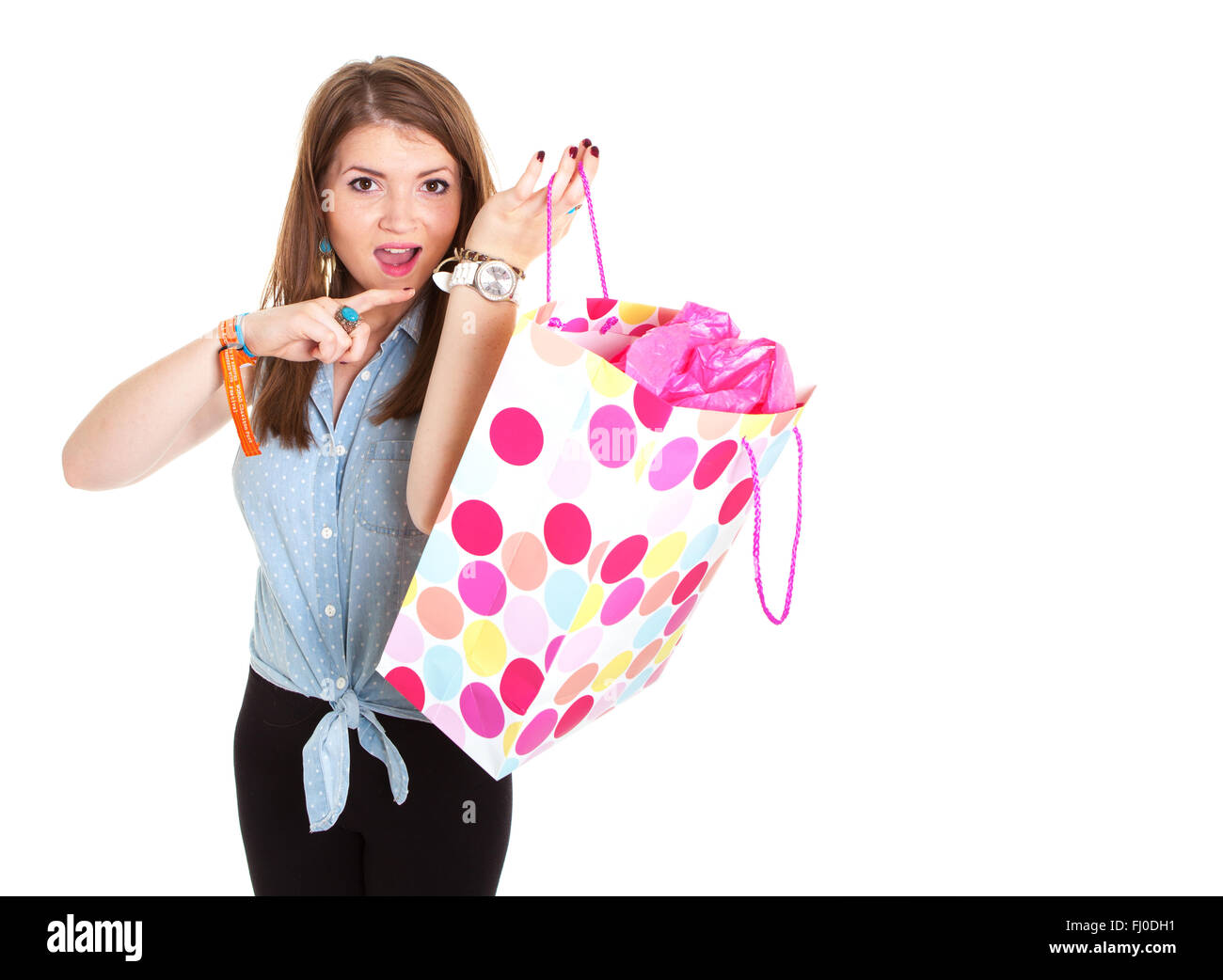 Young Girl Shopping Konzept auf einem weißen Hintergrund mit Textfreiraum Stockfoto