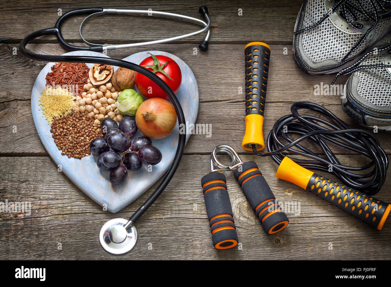 Gesunder Lebensstil-Konzept mit Diät und Fitness-Symbole Stockfoto