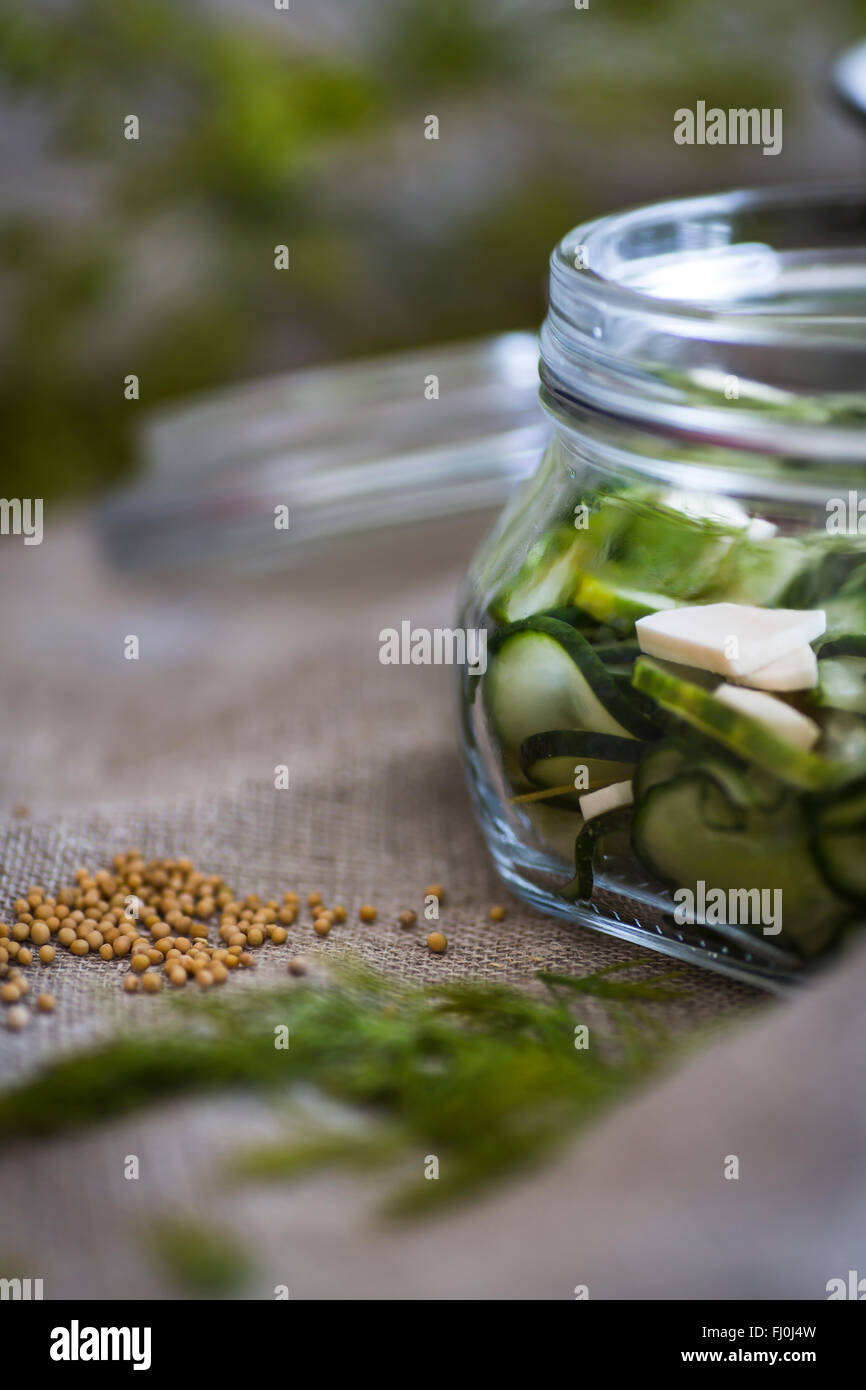 Hausgemachte, Gewürzgurken in ein Glas mit Glas Stockfoto