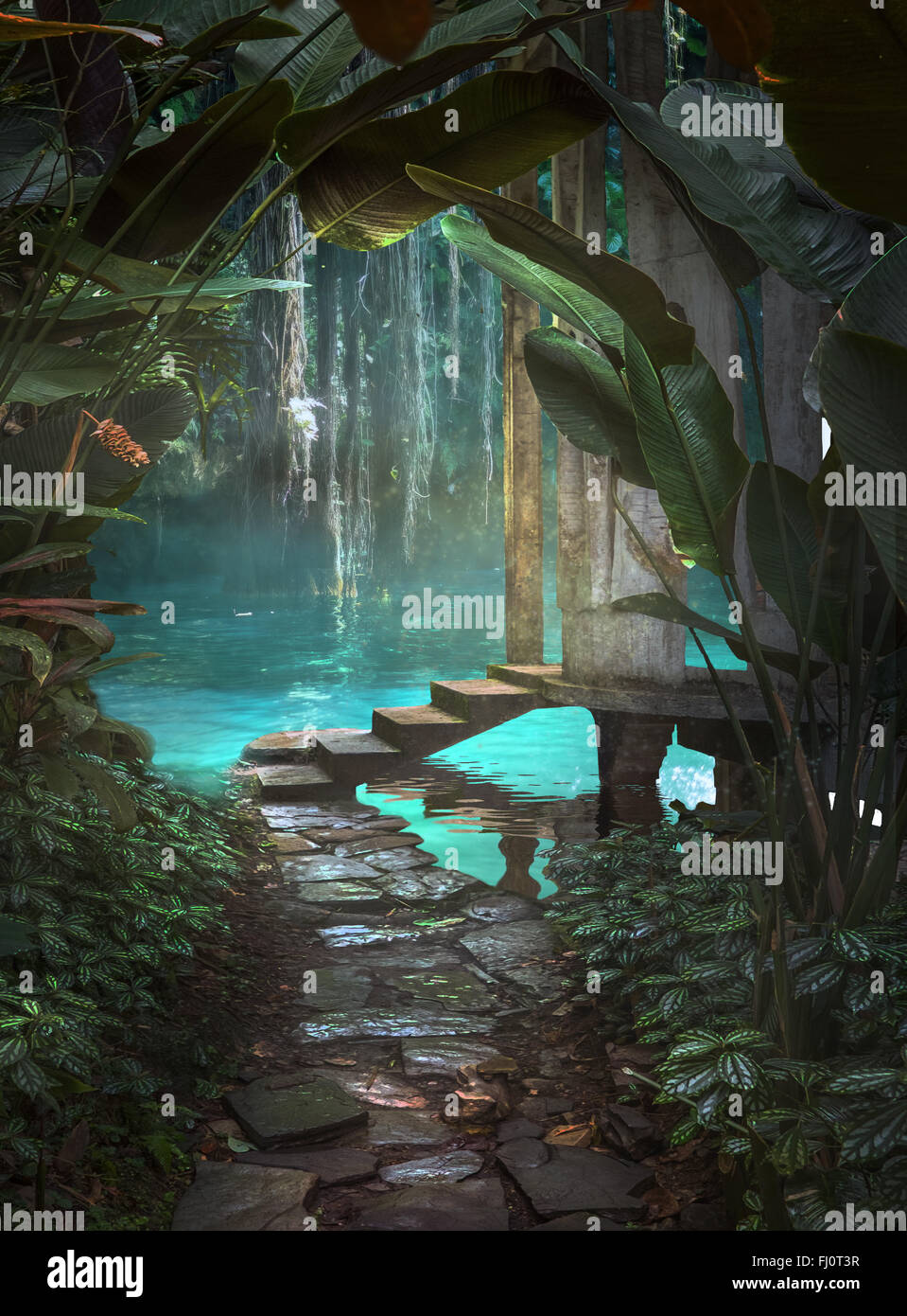 Digitalen Photomanipulation von einem Dschungelpfad zu Schritten zu einem beleuchteten Pavillon, umgeben von einem blauen pool Stockfoto