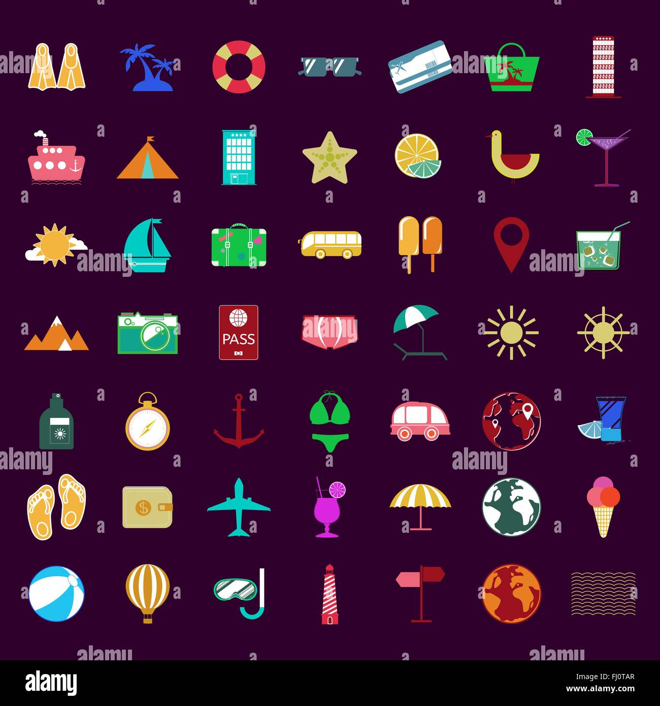 Bunte Sommer Urlaub Symbolsatz. Reisen-Vektor-digitale Hintergrund Illustration. Sommer-Infografiken Stock Vektor