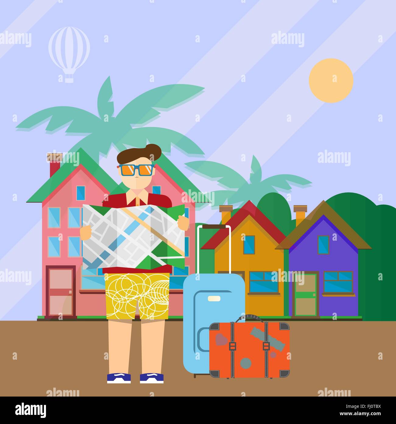 Touristische Karte und Koffer mit Hotel befindet sich in der Kulisse. Reisen Sie digitale Vektor Hintergrund bunte Illustration. Letzten mi Stock Vektor