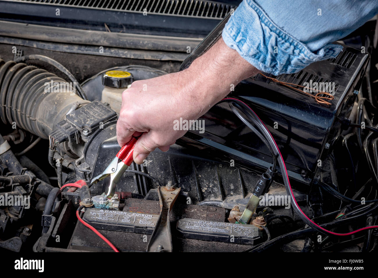 Man legt ein Akku-Ladegerät auf ein Auto Stockfoto