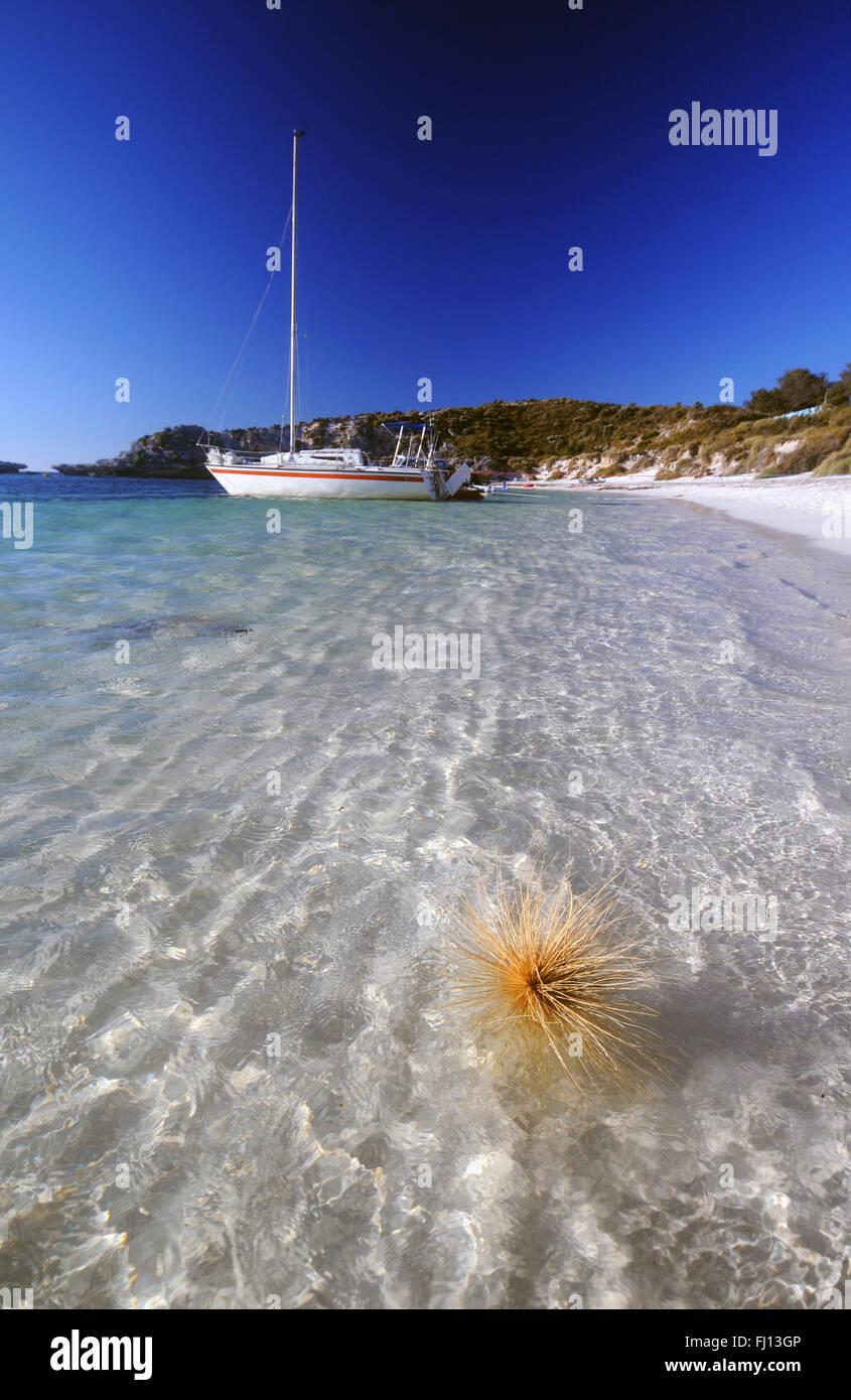 Ruhiger Strand Verankerung am Geordie Bay, Rottnest Island, Western Australia. Keine PR Stockfoto