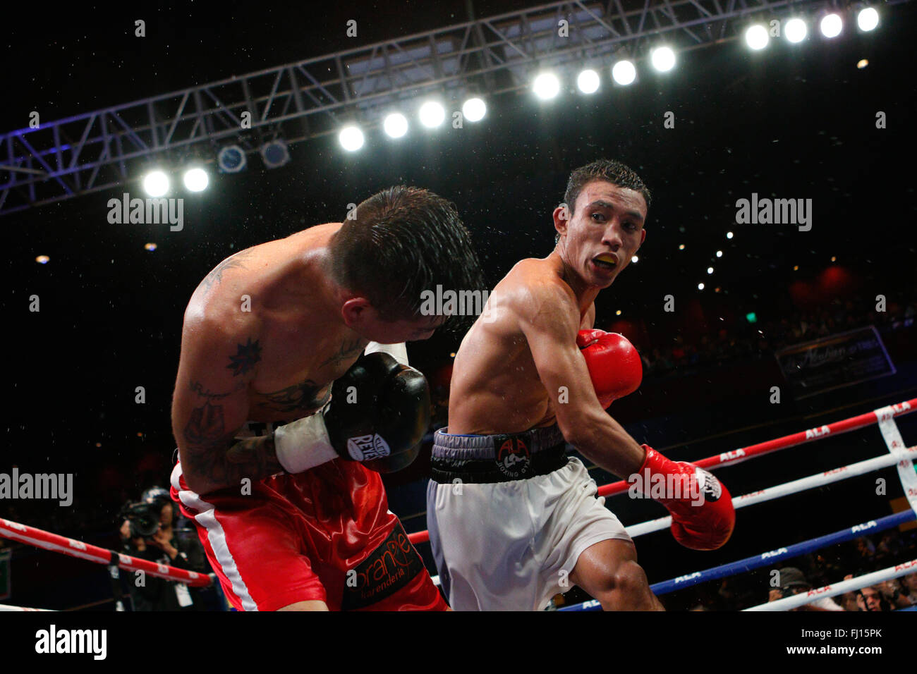 Waterfront Hotel, Cebu City, Philippinen 27/02/2016.Pinoy stolz 35 "Stars of The Future" Box-Event. Filipino Kevin Jake "KJ" Cataraja (weiße Stämme), Kämpfe mit Tony Rodriguez von Mexiko in ein Fliegengewicht zusammenpassen. Cataraja nehmen die 8 Runden kämpfen durch Beschluss. Stockfoto