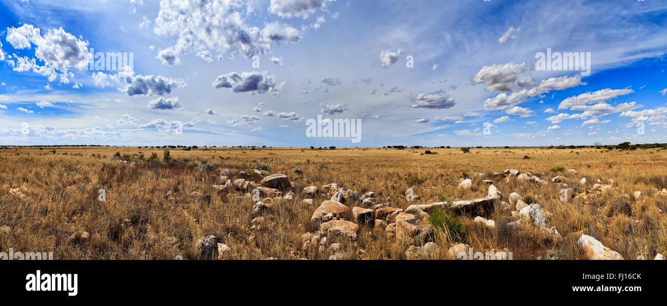 weiten Panoramablick auf Nullarbor Plain in South AUstralia. End-to-um flaches Land mit keine Bäume, nur Steinen und Büschen zu beenden. Stockfoto