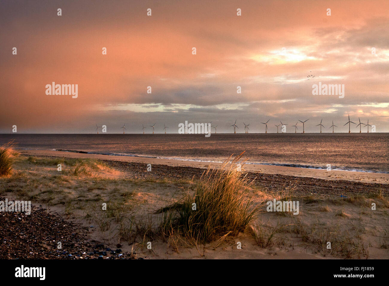 Morgendämmerung am Great Yarmouth Blick auf Windpark Scroby Sands Stockfoto