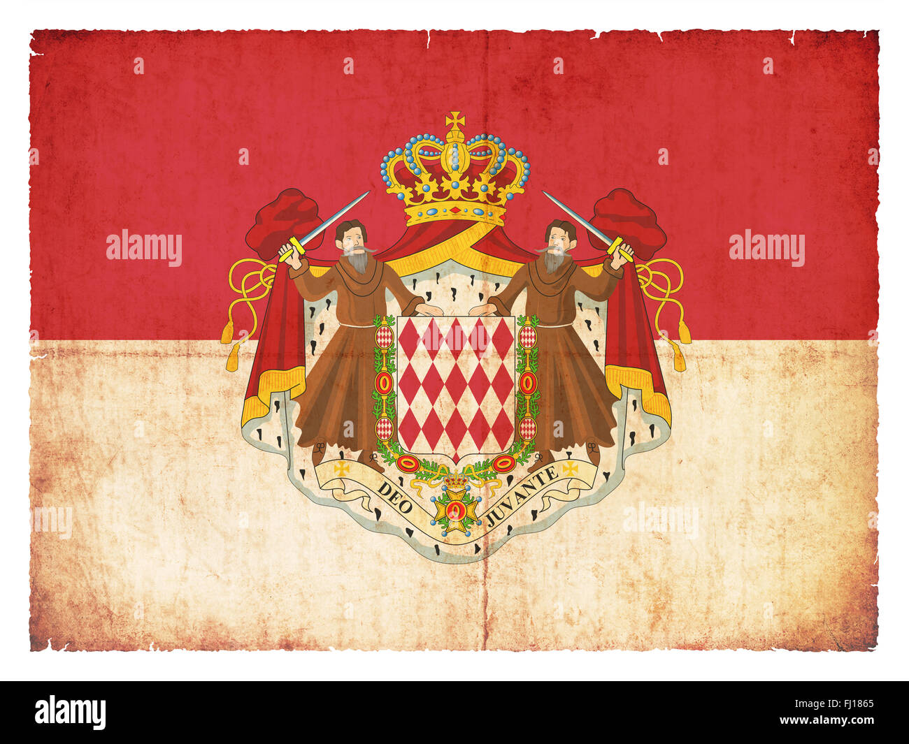 Nationale Flagge von Monaco mit Wappen im Grunge-Stil erstellt Stockfoto