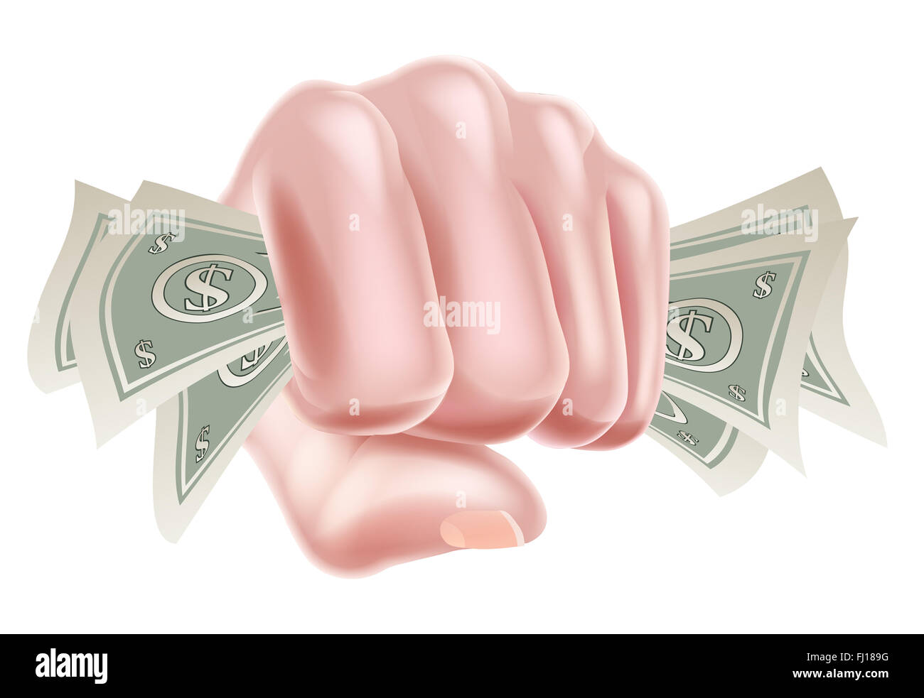 Eine Karikatur Hand Geld Cash Dollarnoten Stockfoto