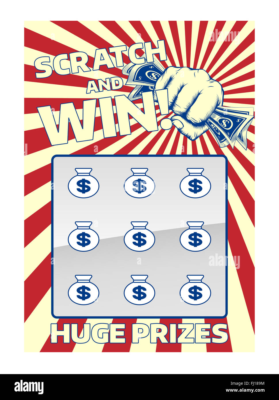 Eine Lotterie instant Scratch und Gewinn Rubbellos mit einer Faust Bargeldhaltung Stockfoto