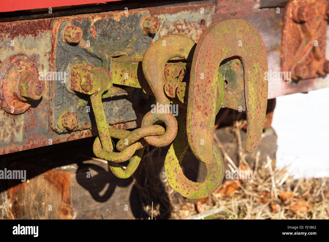 Ein alt und rostig Connector auf einem Eisenbahn-Waggon. Stockfoto
