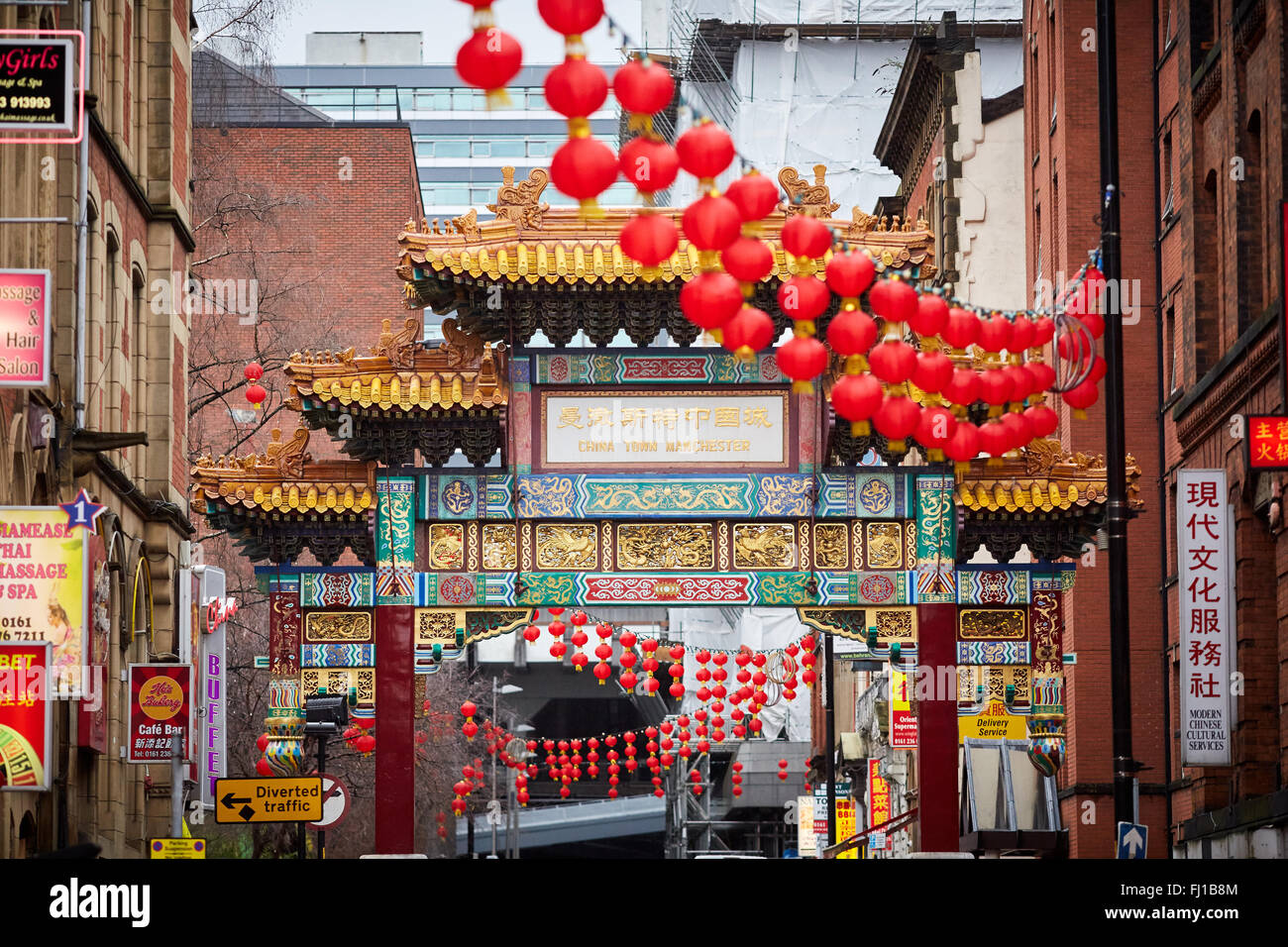 Chinesischer Bogen Manchester China Town geschmückt Straßen Geschichte historisch bedeutende Wahrzeichen Faulkner Street St Siedlungsgebietes Stockfoto