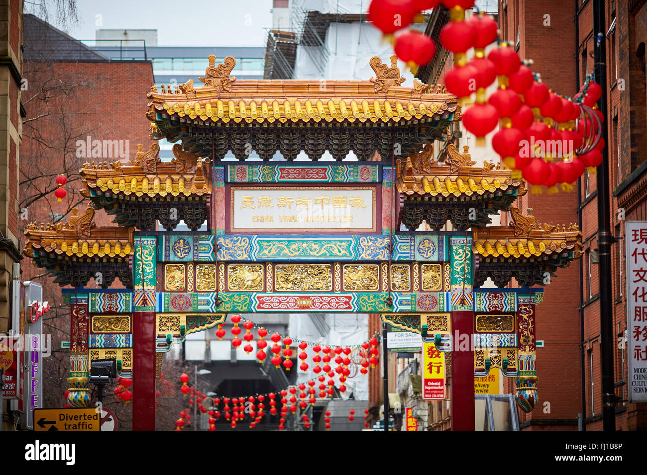 Chinesischer Bogen Manchester China Town geschmückt Straßen Geschichte historisch bedeutende Wahrzeichen Faulkner Street St Siedlungsgebietes Stockfoto