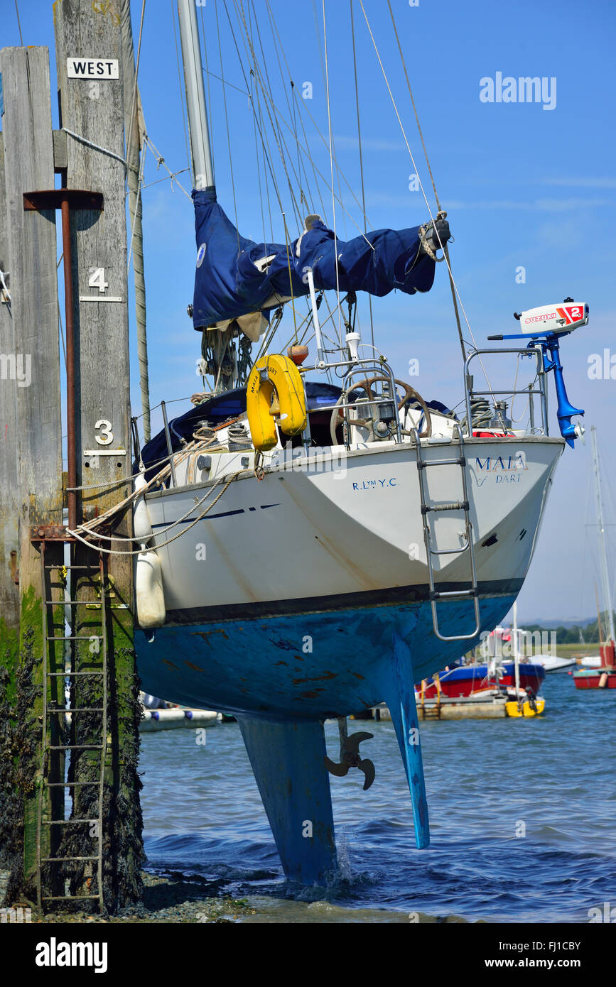 Yachtcharter ausgetrocknet ist, gegen die sich zu scheuern, schrubben Beiträge aus dem Rumpf unter der Wasserlinie dann malen mit Anti-fouling, Itchenor, Chichester Harbour, UK Stockfoto