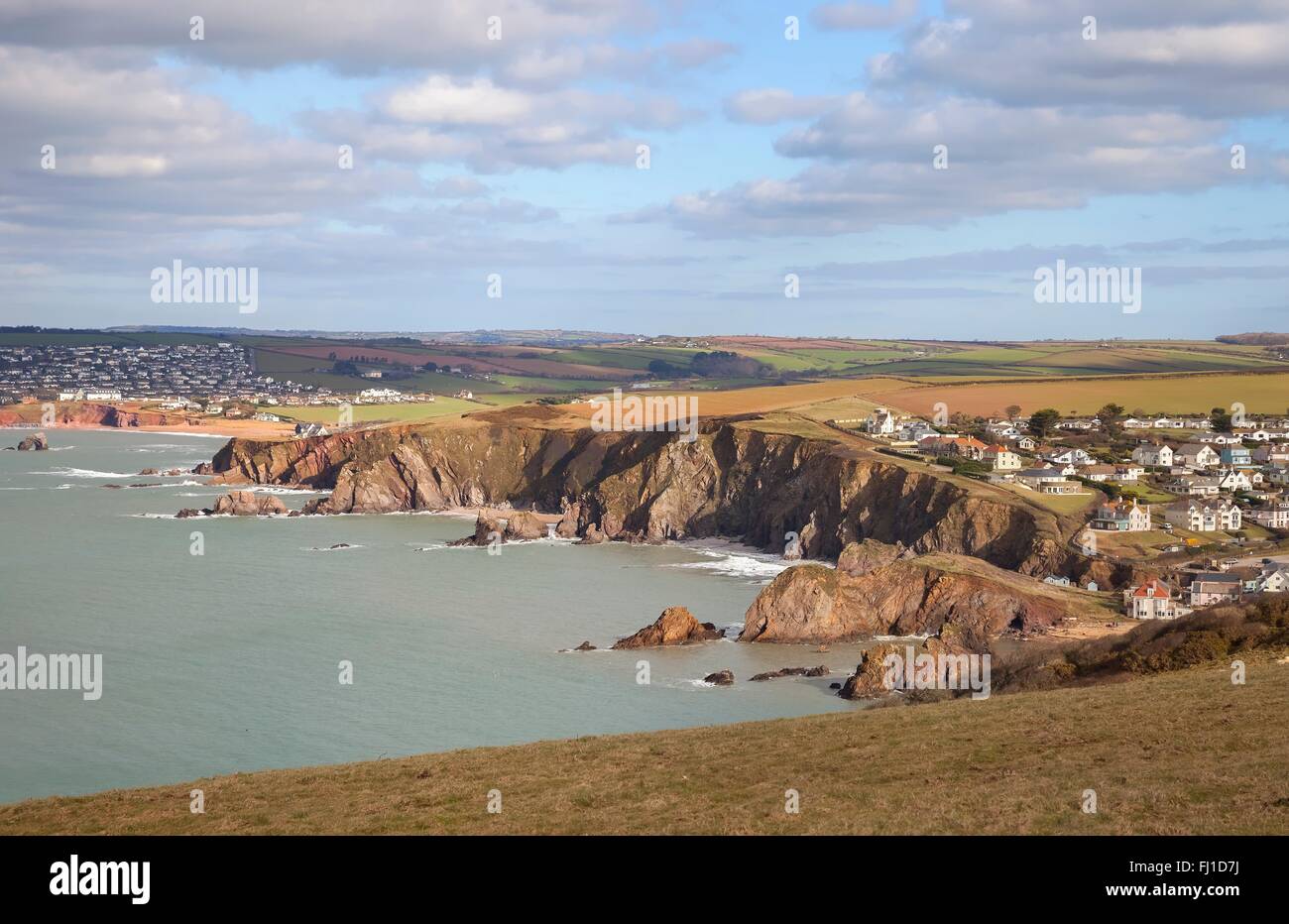 Blick vom Bolzen Tail in Richtung Hoffnung Cove, Devon, England Stockfoto