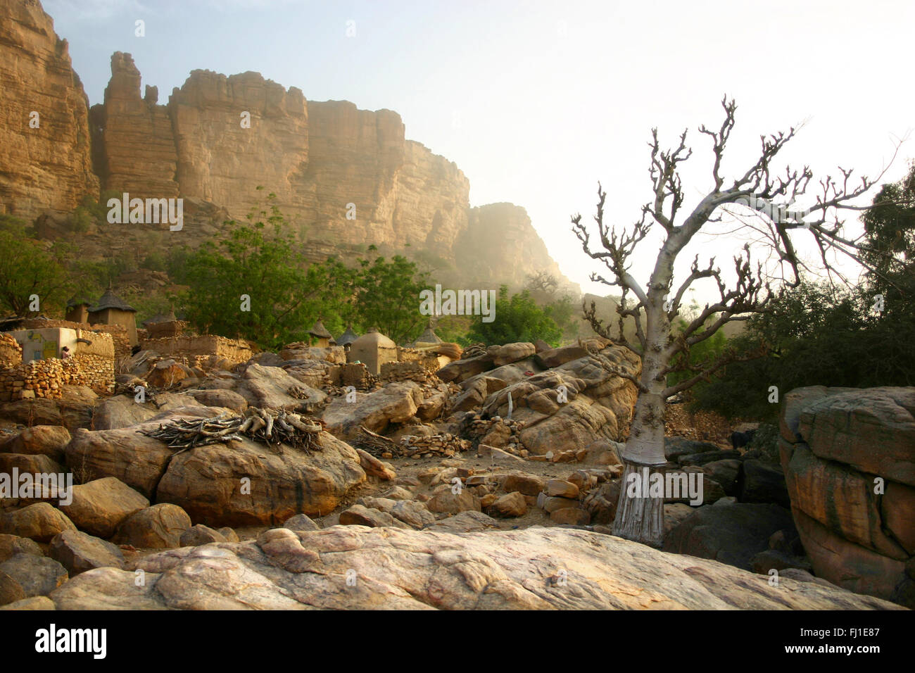 Landschaft der Dogon entlang der Felsen von Bandiagara in Mali Stockfoto