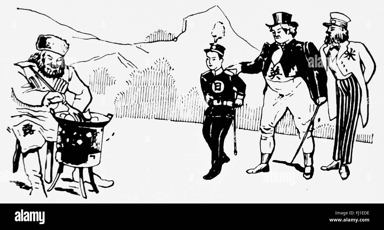 Karikatur von internationalem Bezug. Abholung Kastanien im Feuer, 1903. Russland ist Kastanien backen. Großbritannien macht Japan Kastanien im Feuer abholen.  Kastanien bedeuten Korea. Vereinigten Staaten beobachtet. Stockfoto