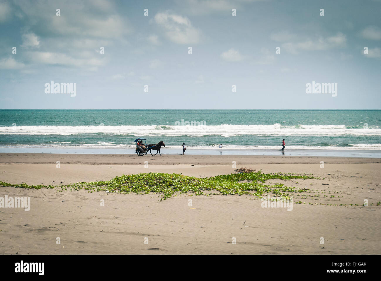 Touristen, die eine Fahrt in einer Pferdekutsche auf Parangtritis Strand, Zentraljava, Indonesien. Stockfoto