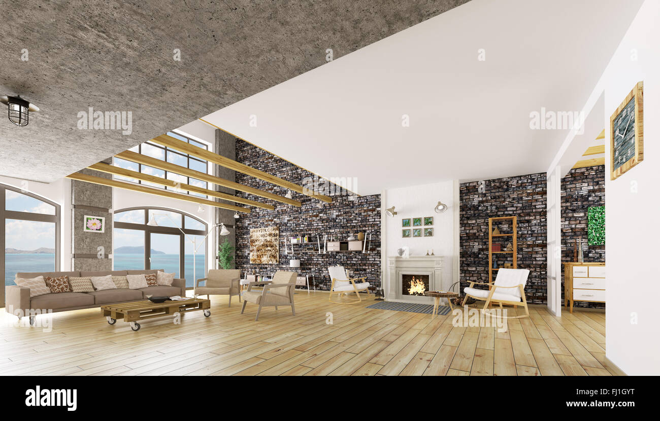 Innenraum der modernen Loft Wohnung, Wohnzimmer, Lounge, 3D-Rendering Stockfoto