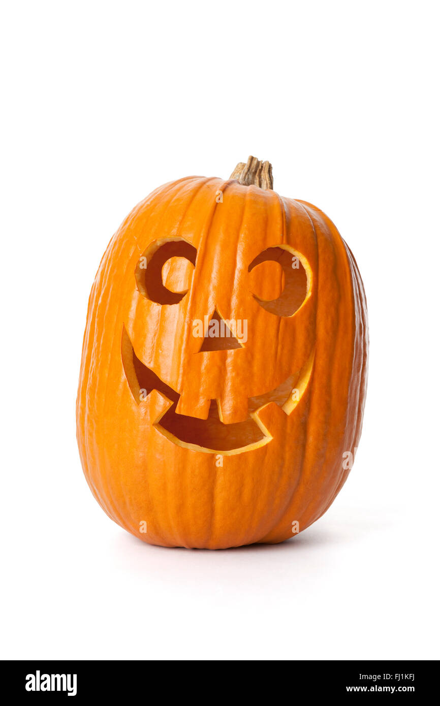 Lächelnde Halloween-Kürbis auf weißem Hintergrund Stockfoto