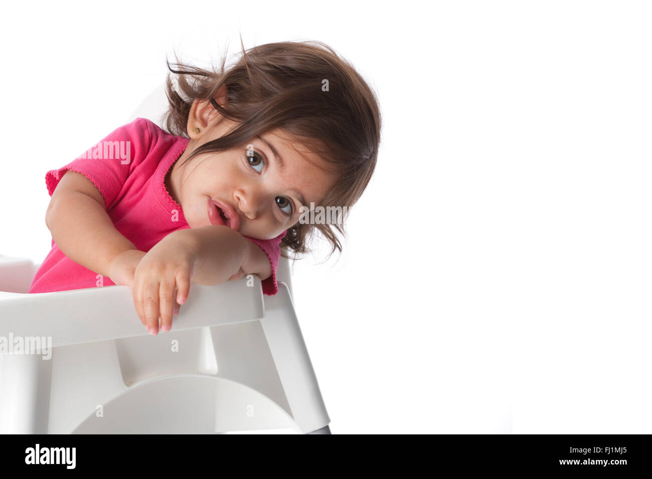 Porträt eines Mädchens müde Baby auf weißem Hintergrund Stockfoto