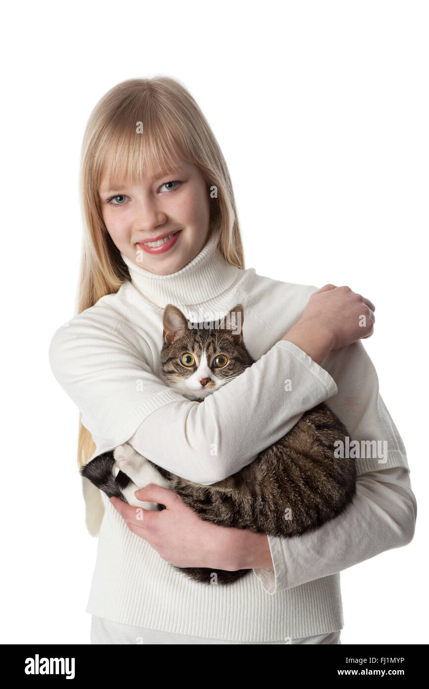 Porträt eines Mädchens mit ihrem Haustier Katze auf weißem Hintergrund Stockfoto