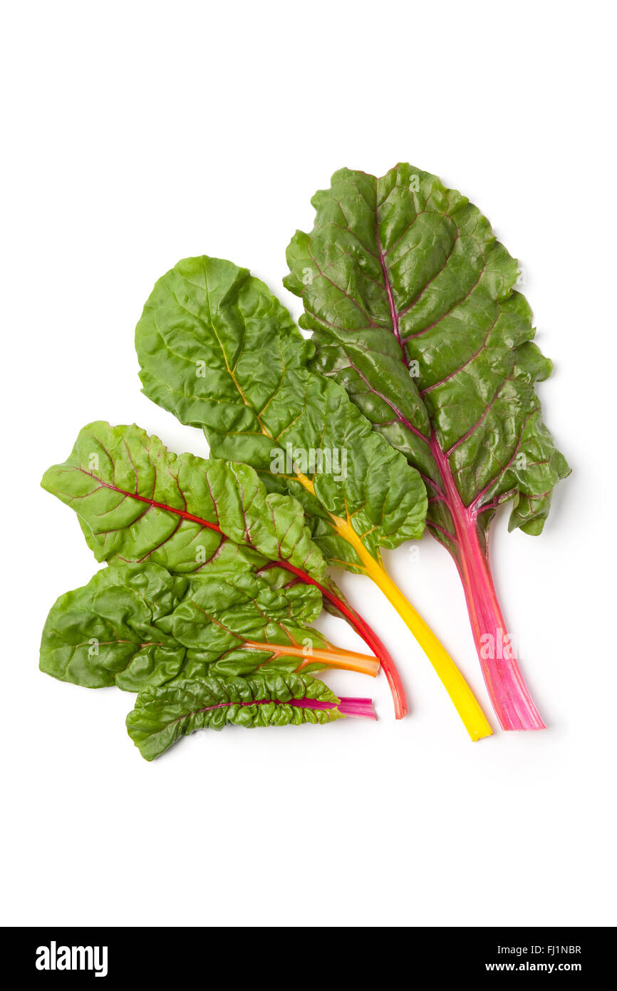 Frisches rohes Bio Mangold lässt auf weißem Hintergrund Stockfoto
