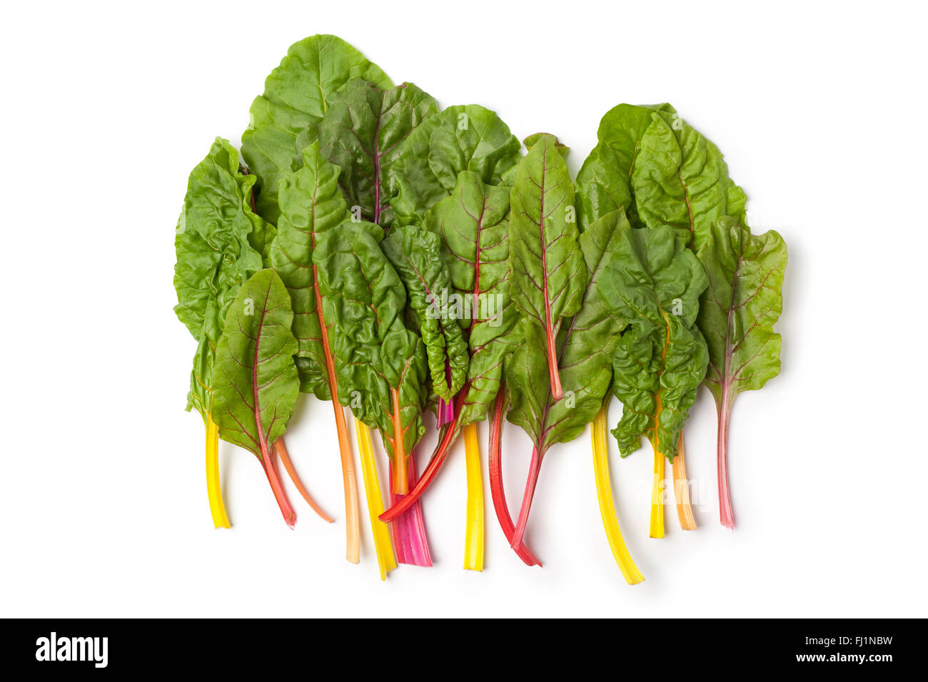 Frisches rohes Bio Mangold lässt auf weißem Hintergrund Stockfoto