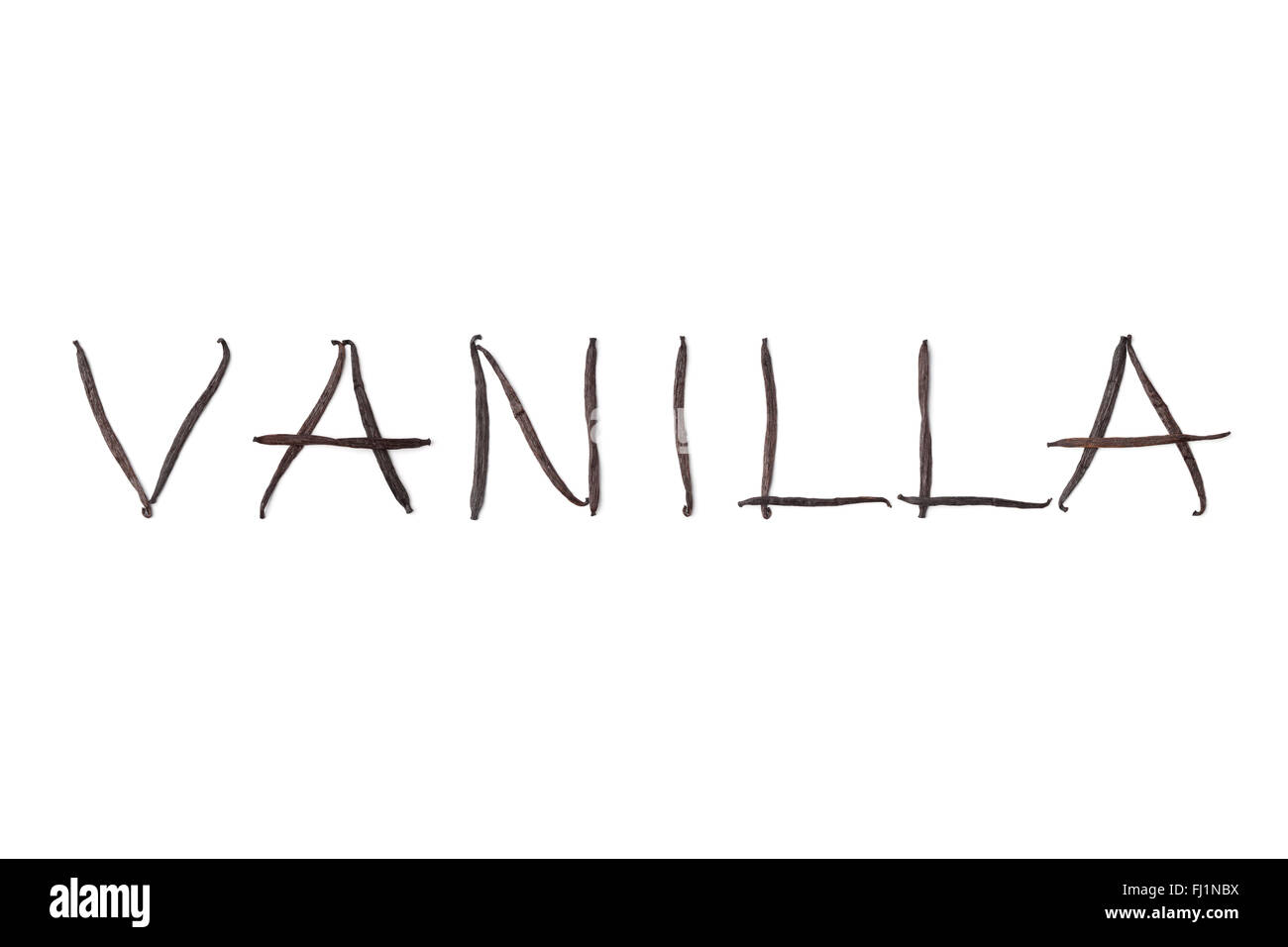 Vanilleschoten, Vanilla Planifolia in Buchstaben auf weißem Hintergrund Stockfoto
